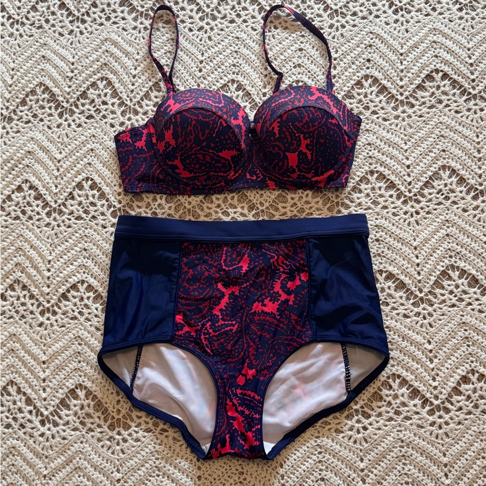 Boden Navy and Red Paisley High-Waist Bikini Set